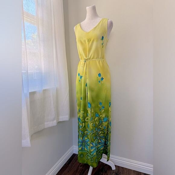 Vintage Y2K California Concepts Yellow Floral Print Sleeveless Belted Maxi Dress - Picture 1 of 8